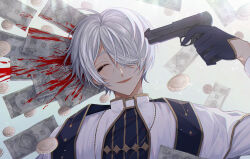 Rule 34 | 1boy, ^ ^, absurdres, black gloves, blood, blood splatter, blue background, capelet, cassock, closed eyes, coin, commentary request, facing viewer, finger on trigger, gloves, gradient background, grey hair, gun, gun to head, hair over one eye, half gloves, handgun, head tilt, highres, holding, holding gun, holding weapon, jewelry, light particles, long sleeves, money, original, pendant, robe, short hair, smile, solo, stole, straight-on, suicide, upper body, wabiawabi, weapon, white capelet, white robe