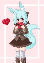 Rule 34 | 1girl, animal ears, blue hair, blush, boots, bow, box, brown bow, brown footwear, brown jacket, brown skirt, commentary request, covering own mouth, fox ears, fox girl, fox tail, gift, hair between eyes, hair bow, happy valentine, heart, heart-shaped box, holding, holding gift, jacket, kurotsutsuki, long hair, long sleeves, original, purple eyes, skirt, solo, tail, thighhighs, valentine, very long hair, white thighhighs