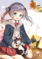 Rule 34 | 1girl, :d, animal, blue eyes, blush, bow, bowtie, cat, collared shirt, falling petals, flower, grey hair, hacosumi, hair ornament, hair ribbon, hair rings, hairclip, highres, holding, holding animal, holding cat, hood, hoodie, jacket, long hair, looking at viewer, notebook, open mouth, original, petals, plaid, plaid skirt, pleated skirt, ribbon, shirt, sitting, sketchbook, skirt, smile, solo, twintails, wariza
