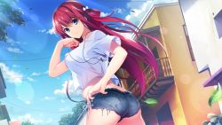 Rule 34 | ass, blue eyes, breasts, grisaia (series), hotpants, jewelry, large breasts, long hair, necklace, red hair, ribbon, smile, suou amane