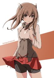 Rule 34 | 1girl, :o, bike shorts, brown background, brown eyes, brown hair, commentary request, corset, covered navel, cowboy shot, flat chest, hair between eyes, hand up, headgear, highres, kantai collection, long hair, long sleeves, looking at viewer, panikuru yuuto, parted lips, pleated skirt, red skirt, shirt, short hair with long locks, short shorts, shorts, shorts under skirt, skirt, solo, taihou (kancolle), twitter username, two-tone background, white background, white shirt