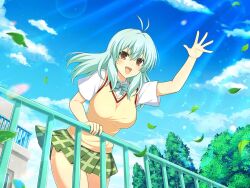 Rule 34 | 1girl, antenna hair, blue sky, blush, bow, bowtie, breasts, brown eyes, cloud, cosplay, crossover, day, falling leaves, fence, green bow, green bowtie, green hair, green skirt, large breasts, leaf, light particles, long hair, looking at viewer, mai (senran kagura), miniskirt, official alternate costume, official art, open mouth, outdoors, plaid, plaid skirt, plant, pleated skirt, railing, run elsie jewelria, run elsie jewelria (cosplay), sainan high school uniform, school uniform, senran kagura, senran kagura new link, senran kagura new wave, skirt, sky, smile, solo, standing, sunlight, sweater vest, to love-ru, to love-ru darkness, tree, vest, waving, window, yaegashi nan, yellow sweater vest, yellow vest