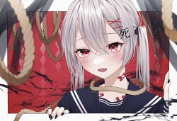 Rule 34 | 1girl, bandaid, bandaid on neck, blush, commentary, fang, grey hair, hair ornament, hair ribbon, hairclip, highres, long hair, looking at viewer, mole, mole under eye, nail polish, noose, open mouth, original, outside border, red eyes, ribbon, school uniform, serafuku, smile, solo, symbol-only commentary, translation request, twintails, upper body, wanko (yurika0320), x hair ornament