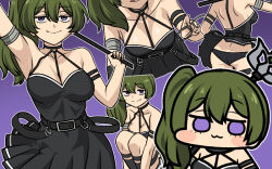 Rule 34 | 1girl, :3, arm strap, arm up, armlet, armpit crease, armpits, ass, bare shoulders, belt, black belt, black choker, black dress, black panties, black straps, blush stickers, breasts, breasts squeezed together, chibi, choker, collarbone, dimples of venus, dot nose, dress, glasses, green hair, grey outline, jazz jack, large breasts, looking at viewer, multiple views, o-ring, o-ring choker, one side up, outline, panties, pantyshot, pleated dress, purple background, purple eyes, shoulder blades, side ponytail, slav squatting, smile, solid eyes, sousou no frieren, squatting, suspenders, suspenders hanging, ubel (sousou no frieren), underwear, upskirt