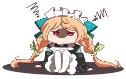 Rule 34 | 1girl, ahoge, blonde hair, braid, commentary, crying, crying with eyes open, english commentary, ezbunzz, highres, maid, maid headdress, nijisanji, nijisanji en, pomu rainpuff, red eyes, shadow, simple background, sitting, solo, tears, thighhighs, thighs, twin braids, virtual youtuber, white background