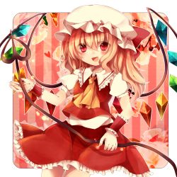 Rule 34 | 1girl, ascot, bad id, bad pixiv id, blonde hair, blush, embodiment of scarlet devil, female focus, flandre scarlet, hat, highres, laevatein, maho moco, open mouth, red eyes, short hair, side ponytail, skirt, slit pupils, solo, touhou, wings, wrist cuffs