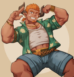 Rule 34 | 1boy, abs, armlet, bara, belt, bracelet, bright pupils, collarbone, dark-skinned male, dark skin, denim, denim shorts, draph, ear piercing, facial hair, facial mark, flexing, goatee, granblue fantasy, grin, hawaiian shirt, highres, horns, jewelry, lantana (granblue fantasy), male focus, mature male, muscular, muscular male, navel, necklace, one eye closed, open clothes, open shirt, orange hair, pectoral cleavage, pectorals, piercing, pointy ears, ponytail, salute, shirt, short hair, shorts, simple background, sleeves rolled up, smile, solo, spread legs, thick thighs, thighs, two-finger salute, vert cypres, white pupils, white shirt