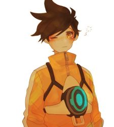 Rule 34 | 1girl, alternate costume, bad id, bad twitter id, blush, brown eyes, brown hair, chest harness, closed mouth, freckles, harness, high collar, jacket, long sleeves, looking at viewer, matching hair/eyes, one eye closed, orange jacket, overwatch, overwatch 1, perio 67, short hair, simple background, solo, spiked hair, strap, tracer (overwatch), upper body, white background, zipper
