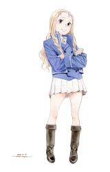 Rule 34 | 1girl, artist name, bc freedom military uniform, black footwear, blonde hair, blue jacket, blue vest, boots, closed mouth, commentary, crossed arms, dated, dress shirt, drill hair, full body, girls und panzer, green eyes, head tilt, high collar, highres, horikou, jacket, knee boots, long hair, long sleeves, looking at viewer, marie (girls und panzer), military, military uniform, miniskirt, painting (medium), pleated skirt, shirt, signature, simple background, skirt, smile, solo, standing, traditional media, uniform, vest, watercolor (medium), white background, white shirt, white skirt