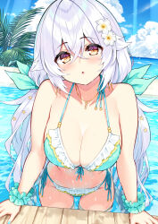 Rule 34 | 1girl, aqua bikini, bare arms, bare shoulders, bikini, breasts, cleavage, cu-no, day, flower, frilled bikini, frills, front-tie bikini top, front-tie top, hair flower, hair ornament, halterneck, highres, hisen kaede, jewelry, large breasts, long hair, looking at viewer, low twintails, nail polish, navel, necklace, original, outdoors, parted lips, rapua qive, scrunchie, side-tie bikini bottom, solo, stomach, strap gap, string bikini, swimsuit, thighs, twintails, very long hair, water, wet, white hair, wrist scrunchie, yellow eyes