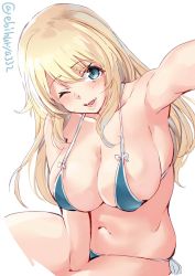 Rule 34 | 1girl, alternate costume, aqua bikini, arm between legs, arm up, atago (kancolle), bikini, blonde hair, breasts, cropped legs, ebifurya, from above, hair between eyes, head tilt, highres, kantai collection, large breasts, lips, long hair, navel, one eye closed, out of frame, parted lips, side-tie bikini bottom, sideboob, sitting, skindentation, solo, swimsuit, thighs, white background