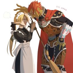 Rule 34 | 2boys, apron, black bow, blonde hair, bow, broom, cape, circlet, dark-skinned male, dark skin, dated, ganondorf, genderswap, genderswap (ftm), hair bow, height difference, leaning forward, long pointy ears, low ponytail, maid, maid apron, maid headdress, miri (cherryjelly), multiple boys, nintendo, open mouth, pointy ears, ponytail, red hair, sheik, simple background, the legend of zelda, the legend of zelda: ocarina of time, thick eyebrows, trap, white background