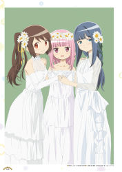 Rule 34 | 2020, 3girls, alternate costume, armpit crease, bare arms, bare shoulders, blue eyes, blue hair, blunt bangs, border, breasts, brooch, brown hair, closed mouth, collarbone, dot nose, dress, elbow gloves, floral print, flower, gloves, green background, hair flower, hair ornament, half-closed eyes, halter dress, halterneck, hand on another&#039;s shoulder, head wreath, high collar, highres, holding hands, jewelry, jitome, layered dress, light blush, light smile, long dress, long hair, long sleeves, magia record: mahou shoujo madoka magica gaiden, mahou shoujo madoka magica, multiple girls, nanami yachiyo, off-shoulder dress, off shoulder, official art, open mouth, orange eyes, pink eyes, pink hair, ring, side-by-side, side ponytail, sidelocks, simple background, small breasts, spaghetti strap, standing, tamaki iroha, taniguchi jun&#039;ichirou, tareme, white border, white dress, white flower, white gloves, yui tsuruno