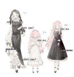 3girls black_footwear black_veil closed_eyes dress frilled_dress frills full_body green_eyes green_ribbon hair_ribbon hairband hands_up highres kuuki_garden long_hair long_sleeves low-tied_long_hair multiple_girls nun open_mouth original own_hands_clasped own_hands_together pink_eyes pink_hair pointy_ears puffy_long_sleeves puffy_sleeves ribbon shoes sidelocks simple_background veil very_long_hair white_background white_hair white_hairband