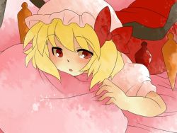 Rule 34 | bad id, bad pixiv id, blonde hair, bow, comic, female focus, flandre scarlet, hair bow, hammer (sunset beach), hat, lying, on stomach, pillow, red eyes, short hair, side ponytail, silent comic, touhou, wings