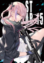Rule 34 | 1girl, ar-15, bad id, bad pixiv id, black background, blue eyes, character name, fingerless gloves, from behind, girls&#039; frontline, gloves, gradient hair, gun, hair ornament, long hair, looking at viewer, multicolored hair, noy, one side up, parted lips, pink hair, purple hair, rifle, school uniform, side ponytail, sidelocks, single thighhigh, sitting, solo, st ar-15 (girls&#039; frontline), streaked hair, thigh strap, thighhighs, weapon