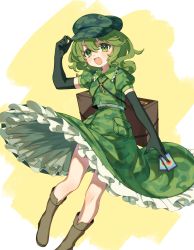 Rule 34 | 1girl, arm up, bag, blush, boots, breasts, brown bag, brown footwear, card, card (medium), collared shirt, e sdss, elbow gloves, frills, gloves, green eyes, green gloves, green hair, green hat, green shirt, green skirt, green vest, hair between eyes, hand on headwear, hand up, hat, highres, holding, holding card, jewelry, key, key necklace, looking at viewer, medium breasts, medium hair, necklace, open mouth, pocket, puffy short sleeves, puffy sleeves, shirt, short sleeves, skirt, smile, solo, touhou, v-shaped eyebrows, vest, white background, yamashiro takane, yellow background