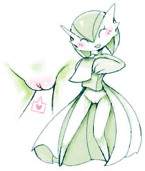 Rule 34 | 1girl, blush, cleft of venus, clitoris, closed eyes, creatures (company), exed eyes, female focus, full body, game freak, gardevoir, gen 3 pokemon, green hair, hands together, hands up, happy, heart, highres, legs apart, multiple views, nintendo, open mouth, pokemon, pokemon (creature), pokemon rse, pussy, short hair, simple background, smile, standing, towel, uncensored, white background