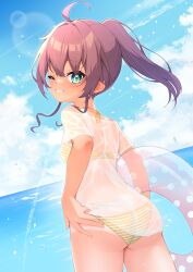 1girl absurdres ahoge aqua_eyes ass bikini breasts brown_hair butt_crack highres hololive natsuiro_matsuri ocean one_eye_closed ponytail see-through_clothes see-through_shirt shirt smile solo striped_bikini striped_clothes summer swim_ring swimsuit tan tanline virtual_youtuber yellow_bikini yoshie_eneko