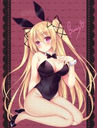 Rule 34 | 1girl, :o, animal ears, arm behind back, ass, bare arms, bare shoulders, black bow, black bowtie, black footwear, black leotard, blonde hair, blush, bow, bowtie, breasts, bunny day, cleavage, commentary request, detached collar, fake animal ears, female focus, fishnet pantyhose, fishnets, full body, hair between eyes, hair ribbon, hand on own chest, hand up, high heels, large breasts, legs, leotard, long hair, looking at viewer, neck, original, pantyhose, pink eyes, playboy bunny, purple background, rabbit ears, ribbon, seiza, shoes, sitting, solo, sorai shin&#039;ya, strapless, strapless leotard, two side up, wariza, wrist cuffs