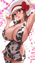 Rule 34 | 1girl, animal print, areola slip, arm up, blush, breasts, brown eyes, brown hair, cleavage, commentary, confetti, cow print, creatures (company), game freak, hat, huge breasts, looking at viewer, lyra (pokemon), makeup, nail polish, naked overalls, nintendo, overalls, pokemon, pokemon hgss, solo, sumisumii, thighhighs