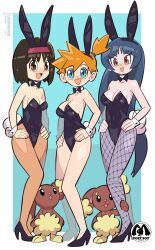 Rule 34 | 3girls, absurdres, animal ears, black footwear, black hair, black legwear, black leotard, blackcat (pixiv), blush, breasts, buneary, cleavage, collarbone, creatures (company), erika (pokemon), fake animal ears, full body, game freak, gen 4 pokemon, gym leader, hair tie, hairband, high heels, highres, leotard, long hair, looking at viewer, medium breasts, misty (pokemon), multiple girls, nintendo, pantyhose, playboy bunny, pokemon, pokemon frlg, pumps, rabbit ears, red eyes, red hairband, sabrina (pokemon), shiny clothes, shiny legwear, shoes, short hair, signature, simple background, sitting, small breasts, striped clothes, striped leotard, white background