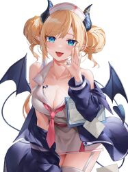 Rule 34 | 1girl, arrow (symbol), bare shoulders, bat wings, blonde hair, blue eyes, blue jacket, blush, breasts, chest tattoo, cleavage, clipboard, collared shirt, commentary, cowboy shot, demon girl, demon horns, demon tail, double bun, dress, fangs, hair bun, hand up, hat, highres, hololive, horns, jacket, kaguya (srx61800), large breasts, long hair, long sleeves, looking at viewer, necktie, nurse, nurse cap, off shoulder, open clothes, open jacket, open mouth, paper, pink dress, pointy ears, red necktie, shirt, simple background, solo, solo focus, tail, tattoo, thighhighs, track jacket, virtual youtuber, white background, wings, yuzuki choco, yuzuki choco (nurse)
