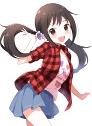 Rule 34 | 1girl, arm up, black hair, blue skirt, blurry, blush, bow, breasts, brown eyes, buchi (y0u0ri ), cowboy shot, dot nose, flower, hair bow, hair flower, hair ornament, heart, heart print, highres, idolmaster, idolmaster cinderella girls, idolmaster cinderella girls starlight stage, jacket, long hair, long sleeves, looking at viewer, low twintails, medium breasts, nakano yuka, open clothes, open jacket, open mouth, outstretched arm, plaid, plaid jacket, pleated skirt, print shirt, red jacket, shirt, simple background, skirt, smile, solo, standing, twintails, white background, white shirt