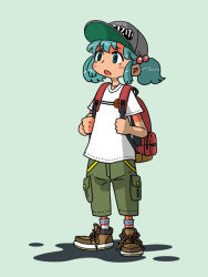 Rule 34 | 1girl, :o, backpack, bag, baseball cap, casual, female focus, full body, hat, kawashiro nitori, pants, sixxxx, solo, touhou