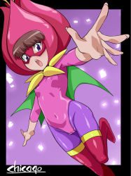 Rule 34 | 1girl, amano nene (digimon xros wars), brown hair, cape, chicago-x, cosplay, costume, digimon, digimon xros wars, leotard, ohanamon, open mouth, pink leotard, shiny clothes, smile, solo