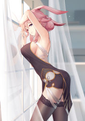 Rule 34 | 1girl, against window, animal ears, arm up, armpits, ass, bandages, bare shoulders, black dress, black thighhighs, breasts, chinese commentary, closed mouth, commentary request, curtains, day, dress, from side, garter straps, grey ribbon, hair bun, highres, honkai (series), honkai impact 3rd, indoors, large breasts, leaning forward, liu lan, looking at viewer, looking to the side, pink hair, purple eyes, reflection, see-through, single hair bun, sleeveless, sleeveless dress, solo, standing, thighhighs, yae kasumi, yae sakura, yae kasumi