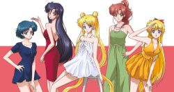 Rule 34 | 5girls, aino minako, arm up, bishoujo senshi sailor moon, bishoujo senshi sailor moon crystal, black hair, blonde hair, blue dress, blue eyes, blue hair, bow, breasts, brown hair, cleavage, collarbone, double bun, dress, earrings, floating hair, green eyes, hair bobbles, hair bow, hair bun, hair ornament, hair over shoulder, hand on own hip, high ponytail, highres, hino rei, jewelry, kino makoto, long hair, looking at viewer, medium breasts, mizuno ami, multiple girls, neck ribbon, necklace, open mouth, purple eyes, red bow, red dress, ribbon, short dress, short hair, short sleeves, sleeveless, sleeveless dress, small breasts, standing, strapless, strapless dress, tsukino usagi, twintails, very long hair, white dress, white ribbon, yellow dress