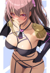 1girl 2.5_jigen_no_ririsa absurdres akihiro0920 armor black_bra black_gloves black_panties blush bra breasts brown_hair collarbone commentary_request cosplay demon_wings elbow_gloves fake_wings gloves hair_between_eyes hand_on_own_hip highres long_hair medium_breasts navel o-ring open_mouth panties pauldrons purple_eyes shoulder_armor smile solo standing tachibana_mikari two_side_up underwear wings