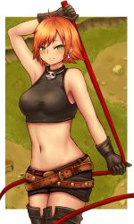 Rule 34 | 1girl, arm up, armpits, bare shoulders, belt, black footwear, black shirt, black shorts, blush, boots, breasts, brown belt, closed mouth, commentary, cowboy shot, crop top, cropped shirt, earrings, gloves, green eyes, highres, holding, holding whip, jewelry, looking at viewer, medium breasts, midriff, mila nebraska, navel, necklace, orange hair, red belt, shirt, short hair, short shorts, shorts, sidelocks, skull earrings, skull necklace, sleeveless, sleeveless shirt, smile, solo, standing, tales weaver, tarte.k, taut clothes, taut shirt, thigh boots, thighhighs, weapon, white background