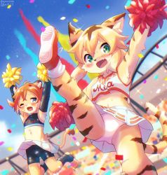 Rule 34 | 1boy, 1girl, 6+others, animal ears, bike shorts, bleachers, blonde hair, blush, brown hair, cheerleader, confetti, crop top, dated, day, fang, furry, furry female, furry male, green eyes, highres, jumping, lion boy, lion ears, lion tail, loose socks, mia (world flipper), multicolored hair, multiple others, one eye closed, open mouth, outdoors, panties, piporinton, pleated skirt, pom pom (cheerleading), red footwear, shorts, shorts under skirt, sidelocks, skirt, sky, socks, tail, theo (world flipper), tiger boy, tiger ears, tiger tail, trap, twitter username, underwear, whiskers, white socks, world flipper