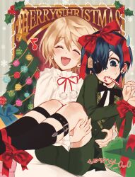 2boys absurdres alois_trancy artist_name bishounen black_ribbon black_socks blonde_hair blue_eyes blue_hair bound bound_wrists bow candy candy_cane carrying carrying_person christmas christmas_ornaments christmas_tree ciel_phantomhive closed_eyes commentary earrings english_commentary english_text eyepatch food food_in_mouth gift green_jacket green_shorts grey_background hair_between_eyes hair_bow highres jacket jewelry kuroshitsuji male_focus merry_christmas multiple_boys musical_note open_mouth red_bow red_ribbon ribbon shirt short_hair shorts smile snowflakes socks star_ornament striped_background tag thigh_strap white_shirt wormy_owo yaoi