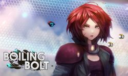Rule 34 | 1girl, boiling bolt, copyright name, ctiahao, floating hair, green eyes, green jacket, highres, jacket, june (boiling bolt), logo, looking at viewer, official art, red hair, short hair, solo