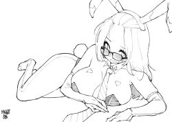 Rule 34 | 1girl, absurdres, animal ears, bangs pinned back, blush, breasts, cleavage, closed mouth, detached collar, elbow gloves, fake animal ears, fake tail, folded hair, glasses, gloves, greyscale, hair pulled back, heart, highres, inne sulistya robin, large breasts, leotard, long hair, looking at viewer, lying, monochrome, necktie, norman maggot, on side, original, pantyhose, playboy bunny, rabbit ears, rabbit tail, solo, tail