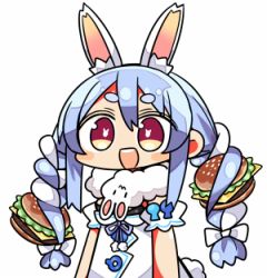 Rule 34 | 1girl, :d, animal ear fluff, animal ears, blue hair, blush stickers, bow, braid, burger, burger hair ornament, detached sleeves, don-chan (usada pekora), dress, food, food-themed hair ornament, hair between eyes, hair bow, hair ornament, hololive, kanikama, lowres, multicolored hair, open mouth, puffy short sleeves, puffy sleeves, rabbit-shaped pupils, rabbit ears, rabbit girl, rabbit tail, red eyes, short eyebrows, short sleeves, sidelocks, simple background, smile, solo, symbol-shaped pupils, tail, teeth, thick eyebrows, twin braids, twintails, two-tone hair, upper body, upper teeth only, usada pekora, usada pekora (1st costume), virtual youtuber, white background, white bow, white dress, white hair, white sleeves, | |
