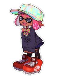 Rule 34 | 1girl, baseball cap, black pants, blue skirt, bright pupils, commentary request, dark-skinned female, dark skin, fang, full body, grey eyes, hat, ikki (gsl 9708), inkling, inkling girl, inkling player character, korean commentary, medium hair, nintendo, open mouth, pants, pink hair, pleated skirt, pointy ears, red footwear, shoes, simple background, skirt, smile, solo, splatoon (series), splatoon 3, standing, tentacle hair, thick eyebrows, torn clothes, torn pants, white background, white pupils