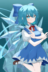 Rule 34 | 1girl, bloomers, blue background, blue eyes, blue hair, bow, breasts, cirno, dress, foot out of frame, gradient background, hair bow, highres, ice, ice wings, mary janes, medium breasts, shino2121, shoes, simple background, smile, socks, solo, standing, standing on one leg, touhou, underwear, v-shaped eyebrows, wings