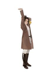 Rule 34 | 1girl, armband, belt, belt pouch, boots, brown eyes, brown hair, coat, collared shirt, gabi braun, hair pulled back, hands up, highres, knee boots, leather, leather boots, looking at viewer, luguoadeli (maple12031), marley military uniform, medium hair, open clothes, open coat, pants, ponytail, pouch, shingeki no kyojin, shirt, sidelocks, soldier, solo, stretching, thick eyebrows, topknot, white background, white pants, white shirt, yellow armband