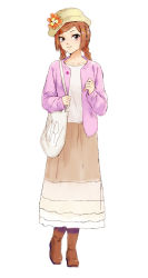Rule 34 | 10s, 1girl, :3, bad id, bad pixiv id, bag, black eyes, blush, boots, braid, brown footwear, brown hair, cardigan, changye, flower, full body, hair ornament, hairclip, hat, hat flower, long hair, long skirt, long sleeves, looking at viewer, open cardigan, open clothes, osomatsu-san, osomatsu (series), parted bangs, shoulder bag, simple background, skirt, solo, standing, todoko (osomatsu-san), twin braids, twintails, white background