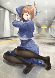 Rule 34 | 1girl, absurdres, arm up, artist name, black pantyhose, blue jacket, blue skirt, brown eyes, brown hair, closed mouth, convenient leg, cropped jacket, eyelashes, feet, full body, hammer, hashtag-only commentary, high-waist skirt, highres, holding, holding hammer, jacket, jujutsu kaisen, kugisaki nobara, legs, long sleeves, looking at viewer, mbr90munouk, medium hair, no shoes, pantyhose, pleated skirt, shadow, skirt, smile, soles, solo, swept bangs, the exit 8, tile floor, tiles, toes, twitter username, v-shaped eyebrows