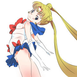 Rule 34 | 1990s (style), 1girl, arched back, ass, bishoujo senshi sailor moon, blonde hair, blue eyes, blue sailor collar, blue skirt, blush, bow, breasts, choker, double bun, elbow gloves, gloves, hair ornament, long hair, looking at viewer, magical girl, medium breasts, niko (tama), nipples, red bow, retro artstyle, sailor collar, sailor moon, see-through, skirt, solo, tiara, tsukino usagi, twintails, white gloves