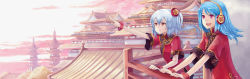 Rule 34 | 2girls, ahoge, aqua hair, architecture, bili girl 22, bili girl 33, bilibili, blue hair, bracelet, chinese clothes, cloud, east asian architecture, hao (patinnko), headphones, highres, jewelry, long image, multiple girls, open mouth, pagoda, pointing, red eyes, siblings, side ponytail, sisters, teeth, traditional clothes, tree, wide image