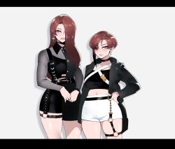 Rule 34 | 2girls, black choker, black coat, breasts, brown hair, choker, coat, dae moon (nyantcha), dae seo-yun (nyantcha), earrings, freckles, hand on own hip, height difference, highres, jewelry, large breasts, letterboxed, lipstick, long hair, looking at viewer, makeup, midriff, multiple girls, navel, nyantcha, o-ring, o-ring thigh strap, open clothes, open coat, original, parted lips, pink eyes, pink lips, short hair, short shorts, shorts, siblings, simple background, sisters, smile, thigh strap, white background, white shorts