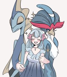 Rule 34 | 1girl, beak, blue eyes, blue hair, choker, closed eyes, colored eyelashes, commentary request, creatures (company), dress, flower, frills, game freak, gen 7 pokemon, gen 8 pokemon, hair flower, hair ornament, highres, inteleon, long hair, nintendo, open mouth, personification, pink choker, pokemon, pokemon (creature), primarina, quaquaval, rendoll, simple background, smile, sparkle, teeth, transformation, upper teeth only, white background, white dress, white fur