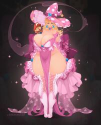 Rule 34 | 1boy, 1girl, absurdres, alternate breast size, baby, baby mario, blonde hair, blue eyes, boots, breasts, cleavage, curvy, dress, full body, glitter, highres, huge bow, huge breasts, laces, long hair, mario, mario (series), nintendo, pelvic curtain, pink dress, pink footwear, polka dot, polka dot headwear, princess peach, standing, thick thighs, thighs, tundromaiden, wand, white legwear, wide hips, witch, zoom layer