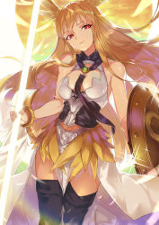 Rule 34 | 1girl, black footwear, blonde hair, boots, bracelet, breasts, cleavage cutout, clothing cutout, commentary request, energy spear, fate/grand order, fate (series), head tilt, head wings, highres, jewelry, long hair, looking at viewer, medium breasts, ohland, red eyes, shield, skirt, solo, thigh boots, thighhighs, thrud (fate), valkyrie (fate), wings